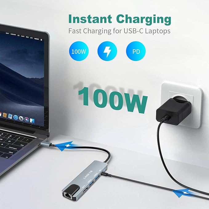 USB C Hub, 5 in 1 USB C 4K@32Hz HDMI Adapter with Ethernet Port, 100W Power Delivery PD Type C Charging Port, USB 3.0& 2.0 Adapter Compatible for MacBook Pro, Chromebook, XPS, and Devices