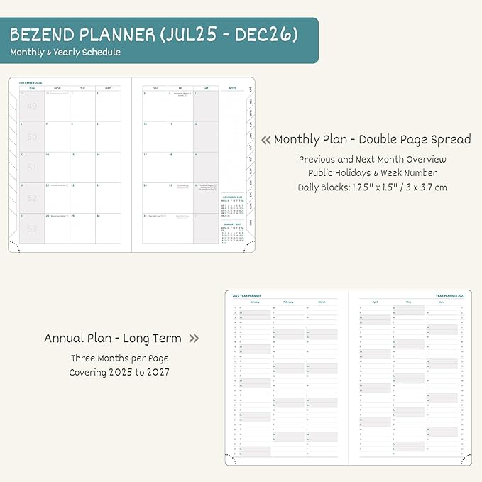 BEZEND Planner 2025-2026 Weekly and Monthly, 5.8" x 8.5" Academic Calendar (Jul 25-Dec 26) Vertical Daily Appointment with Hourly Timeslot & Monthly Tab, PU Leather Hardcover - Turquoise