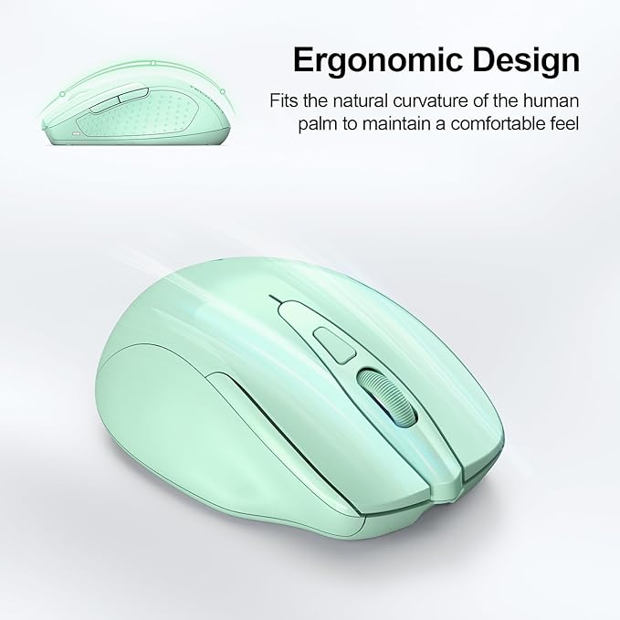 TECKNET Wireless Mouse (BT5.0/3.0 & 2.4G) Rechargeable 4800 DPI Silent USB A & Bluetooth Mouse 6 Buttons, Wide Compatibility - Green