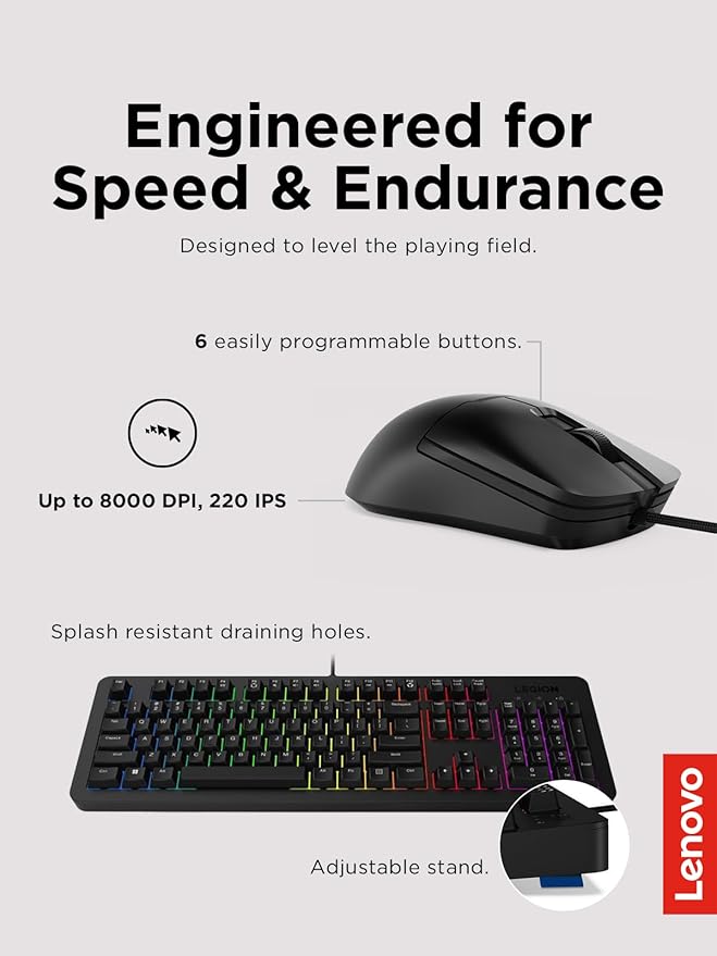 Lenovo Legion KM310 RGB Wired Gaming Keyboard & Mouse Combo - K310 Keyboard w/Silent Operation & Compact Water-Resistant Design - M300S Mouse with 8000 Adjustable DPI, 220 IPS, 6 Programmable Buttons