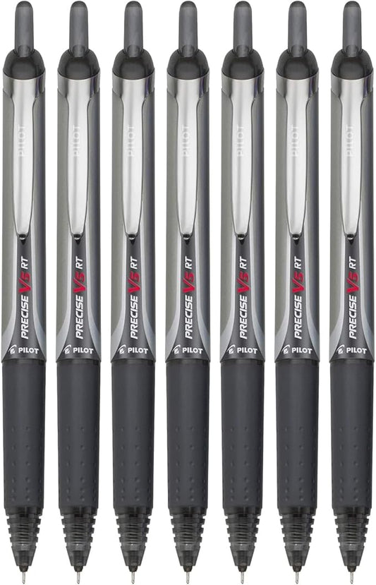 Precise V5 RT Retractable Rolling Ball Pens, Extra Fine Point (.5mm), Black Ink, 7-pk; Premium Comfort Grip, Bundle with Plastic Reusable Pouch
