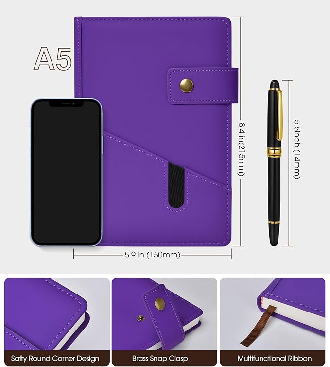 Purple A5 Lined Leather Journal Notebook for Men Women,5.9" X 8.4" Personalized Hardcover Journal with Pen,200 Pages 100 Gsm Thick Ruled Paper Daily Diary for Travel,Business,Work,Writing