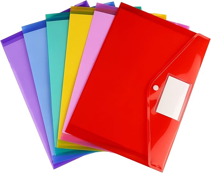 6 Pack Clear Document Folders Plastic Envelopes Poly Envelopes File Envelopes with Label Pocket and Snap Button for Home Work Office Organization, Letter Size/A4 Size, 6 Colors