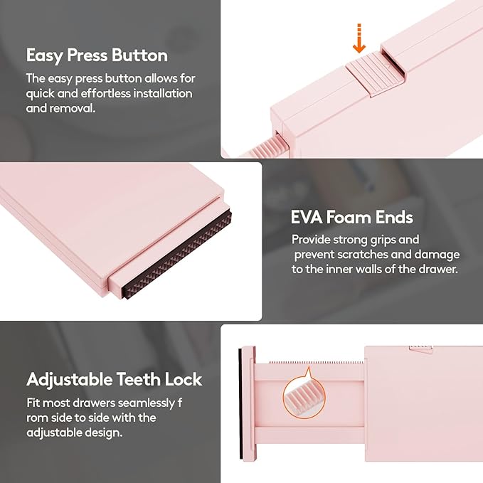 Lifewit 9 Pack Drawer Dividers 4" High, 11-17" Adjustable Drawer Organizers for Clothes, Expandable Dresser Separators in Bedroom/Bathroom/Kitchen/Fridge/Office Organization and Storage, Pink