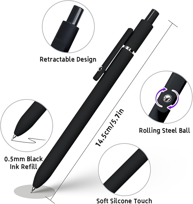 6 Pcs Gel Pens 0.5mm Quick Dry Black Ink Pens Fine Point Smooth Writing Pen, Cute Office and School Supplies Gifts for Women Teacher Students (6 Pcs Black White Grey Silver)