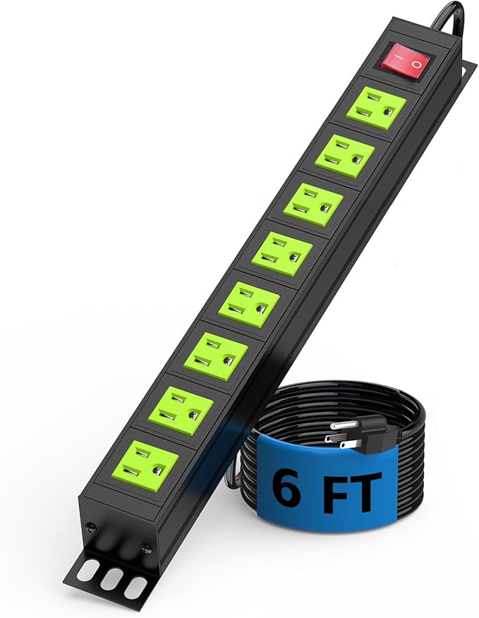 Metal 8 Outlet Mountable Power Strip, Wall Mount Outlet Heavy Duty, Commercial Shop Power Strip with Switch, 15A 125V 1875W, 300J (Green 6FT)