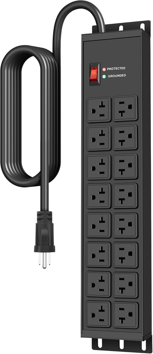 JUNNUJ Heavy Duty 20 Amp Power Strip 4800J, 16 Outlets 12 Gauge Garage Industrial Surge Protector, High Amp 5-15P Adapter Shop 6-20R T-Slot Metal Outlet, 4 FT Extension Cord Commercial for Appliance