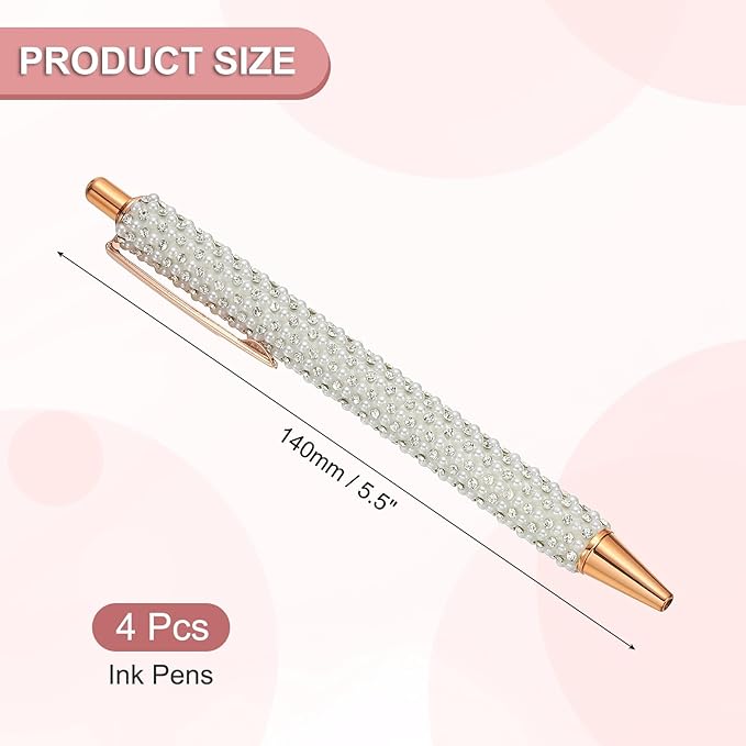 PATIKIL Rhinestone Metal Ballpoint Pen, 4 Pack Crystal Pearl Pens Black Ink 1.0mm Point Sparkly for Women Gift Office Note Taking Journaling, White