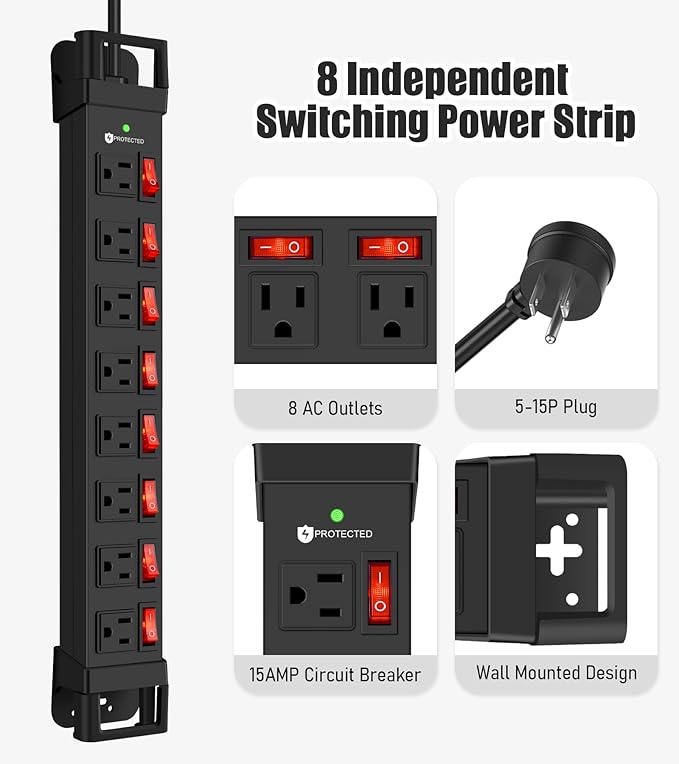 Heavy Duty Power Strip with Individual Switches,8 Outlets 14 Gauge Industrial Shop Garage Metal Multiple Outlets,1200J Surge Protector Mountable Power Strip,10FT Extension Cord Management(Black)
