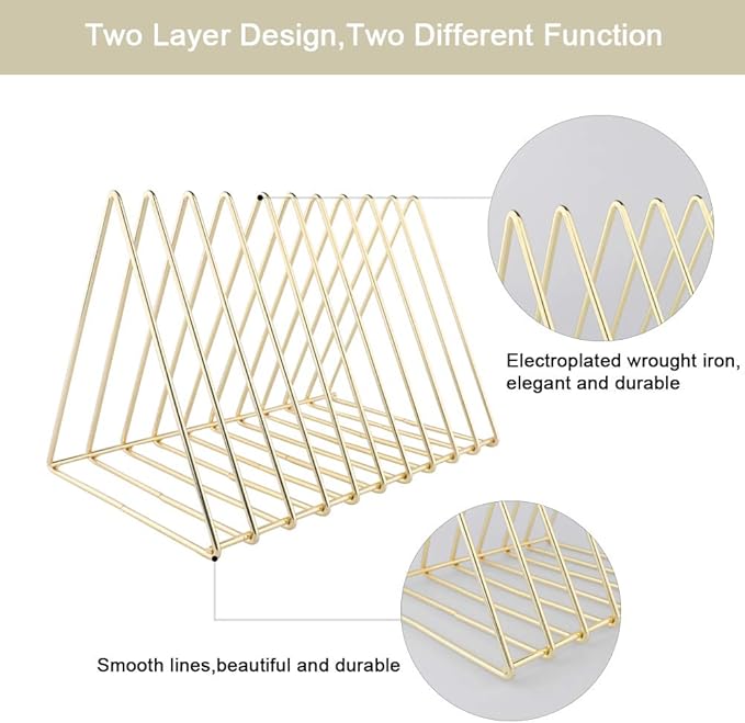 Urban Deco Triangle Desk Organizers Metal Wire Magazine Holder 10 Sections Decorative File Folder Organizer Vinyl Record Storage Office File Organizer For Desk - Gold Magazine File Holder