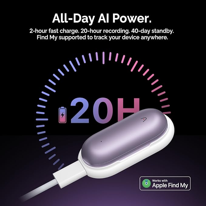 NotePin Voice Recorder, AI Voice Recorder, App Control, AI Notetaker, AI Transcribe & Summarize, Support 112 Languages, 64GB Memory, Audio Recorder for Lectures, Meetings, Sunset Purple