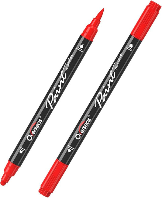 Overseas Red Acrylic Paint Markers, 2 Pack Dual Tip Paint Pens Acrylic Markers with Dot and Brush Tip, Coloring Marker for Wood, Rock, Canvas, Glass, Metal, Ceramic, Plastic, Fabric, School Supplies