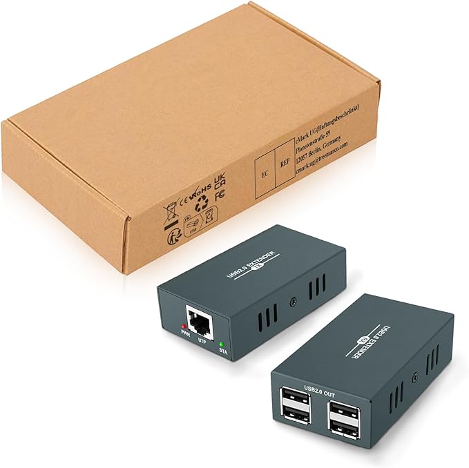 USB Extender Over Ethernet RJ45 LAN Extension, with 4 USB 2.0 Ports, Transmit 50m/165ft Over Ethernet Cat5/5e/6/7, Support Power Over Cable, Play and Plug, No Driver Required