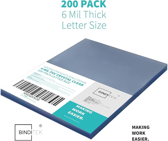 Binditek 200 Pack 6 Mil PVC Clear Binding Covers, 8.5 x 11 Inches, Letter Size, Square Corners, Un-Punched, Office Supplies