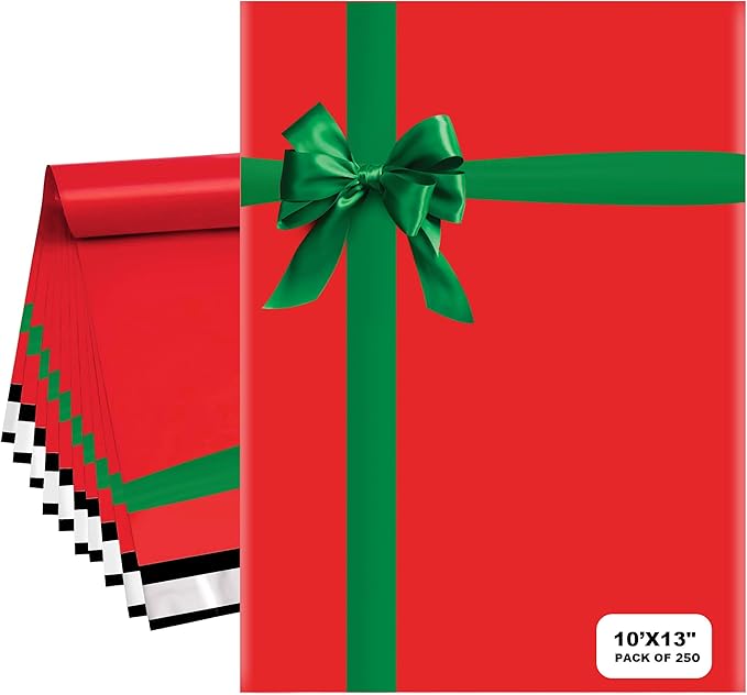 Christmas Poly Mailers 10x13 Inch | Self-Seal Holiday Packaging Envelopes | Red Green Gift Shipping Bag | Christmas polymailer bags Mailer Envelopes | Xmas Large Holiday Mailing Envelope | Pack of 250