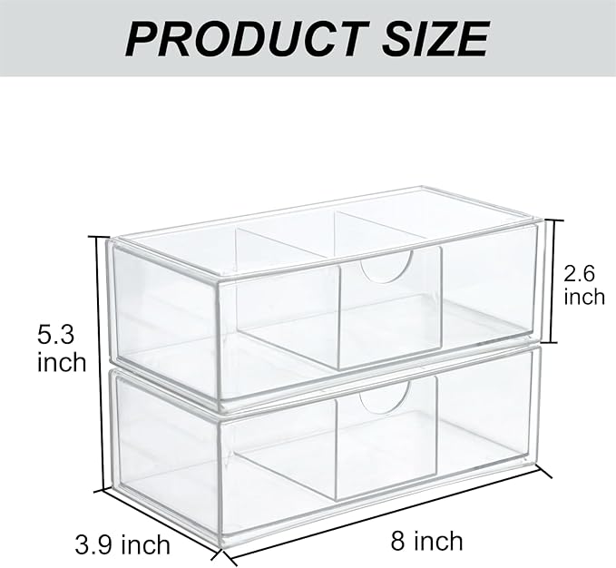 Set of 2 Stackable Storage Drawers - 7.8" Clear Plastic Drawer Storage, Acrylic Makeup Organizer, Desk Counter Cabinet Office Organizer, Bathroom Organizers and Storage (3 Grid/Set of 2)