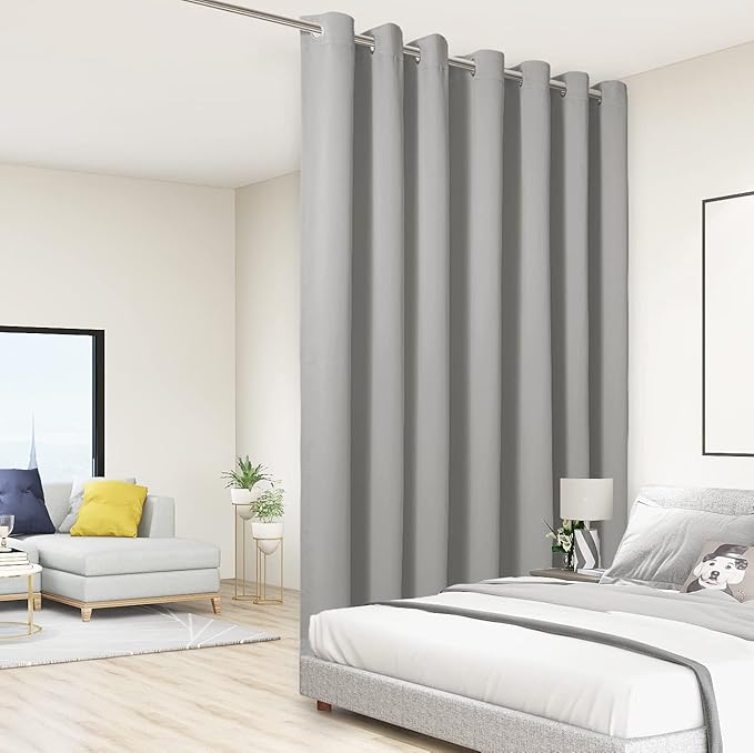 BONZER Room Divider Curtain Total Privacy Wall Extra Wide Grommet Room Darkening Curtains for Patio Sliding Glass Door, 108L x 150W Inch (9L x 12.5W ft), 1 Panel, Silver