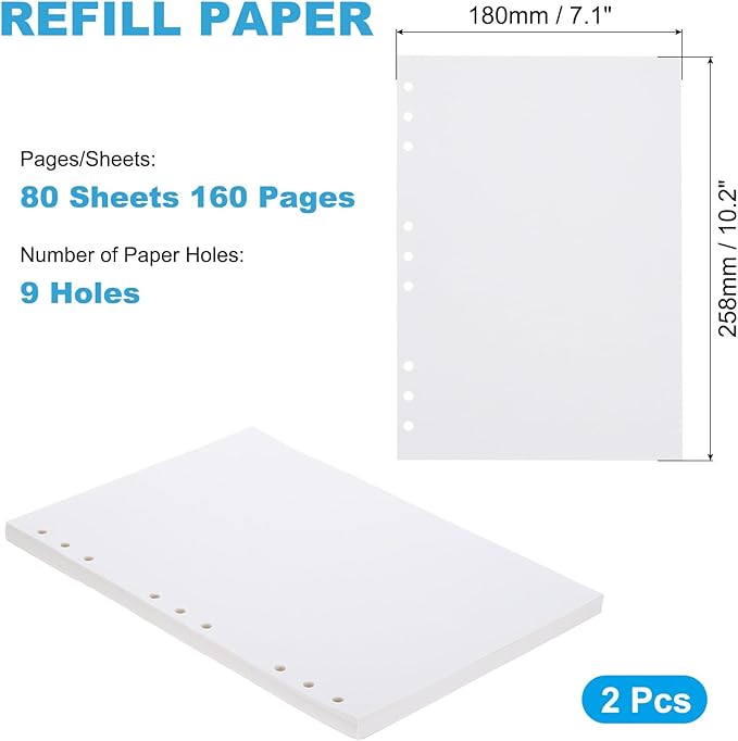 PATIKIL B5 Blank Refill Paper, Loose Leaf Paper 9 Hole Planner Refills for 9 Ring Refillable Binder Notebook Paper Filler Planner Inserts Office Diary Journals, 160 Sheets/320 Pages, White