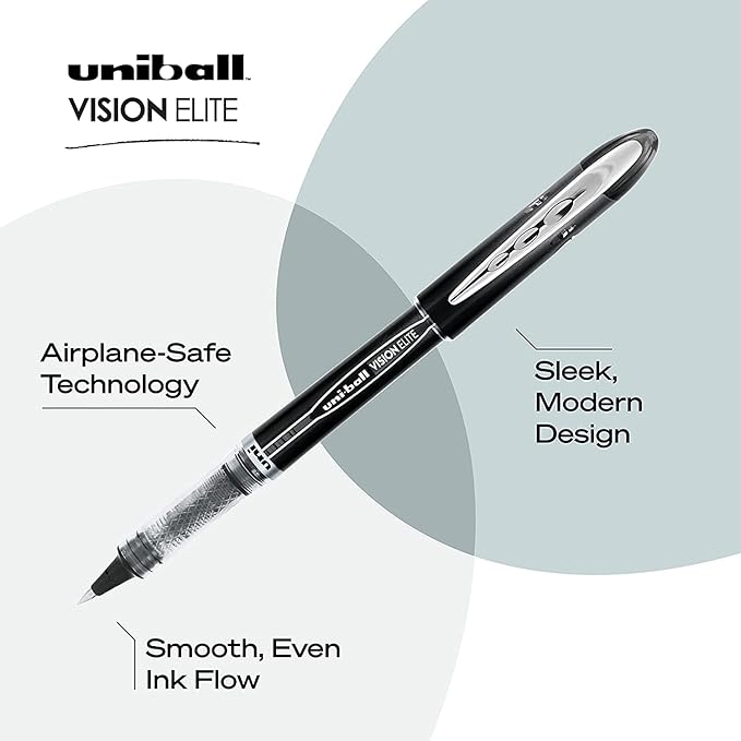 Uniball Vision Elite Pens, 0.5mm Fine Point Rollerball Micro Tip, 12 Pack; 6 Black & 6 Blue