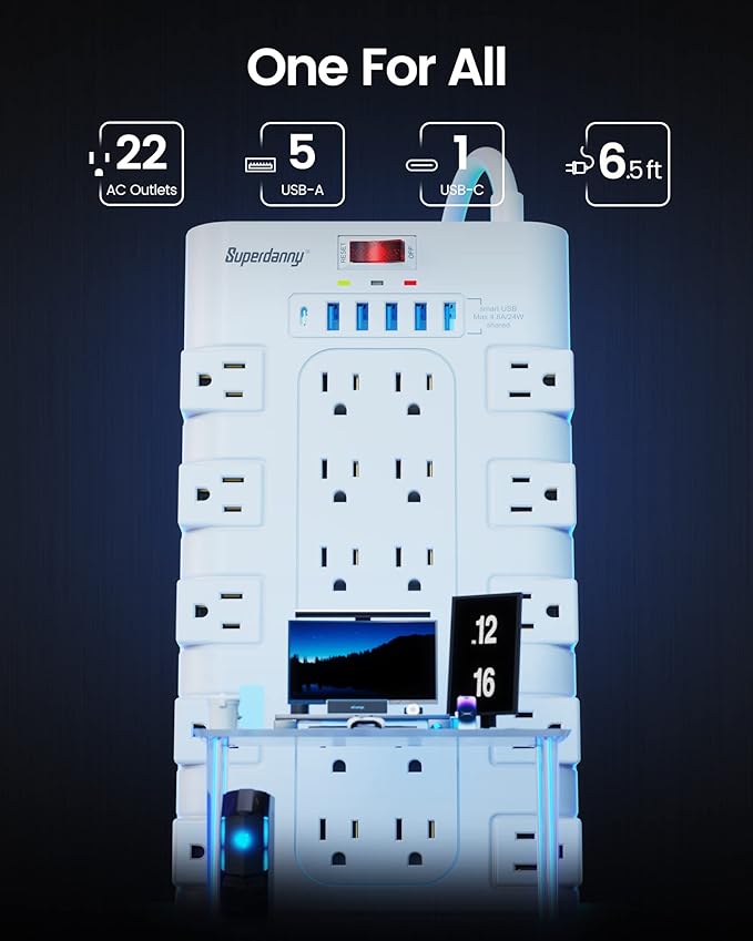 SUPERDANNY Power Strip Surge Protector with 22 AC Outlets and 6 USB Charging Ports, 6.5Ft Mountable Flat Plug Extension Cord (1875W/15A) for Home, Office, Dorm, Gaming Room, 2100 Joules, White
