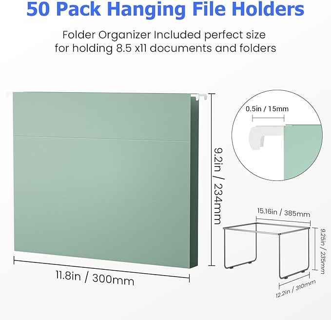 Hanging File Folders Letter Size, 50 Pack File Organizer Folders, 1/5-Cut Tabs with Hanging File Folder Frame, Heavy Duty 1 Inch Expansion, Stay Organized for Your Home and Office Bulk File.