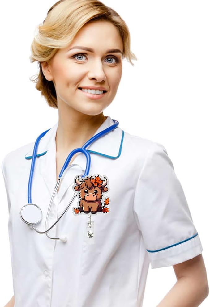 Cow Badge Reel Retractable ID Name Holder Alligator Clip DIY Crafts Halloween Cute Highland Cow Badge Reels Acrylic ID Clip for Nursing Nurse Teacher Student Badge Clip Decor