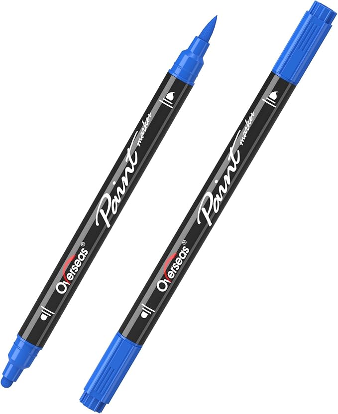 Overseas Blue Acrylic Paint Markers, 2 Pack Dual Tip Paint Pens Acrylic Markers with Dot and Brush Tip, Coloring Marker for Wood, Rock, Canvas, Glass, Metal, Ceramic, Plastic, Fabric, School Supplies