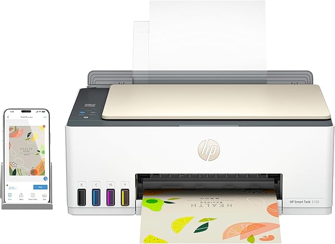 HP Smart Tank 5103 Wireless All-in-One Refillable Ink Tank Printer, Scanner, Copier with 2 Years of Ink and 100 Sheets of Photo Paper Included, Best for Home (5D1B2A)