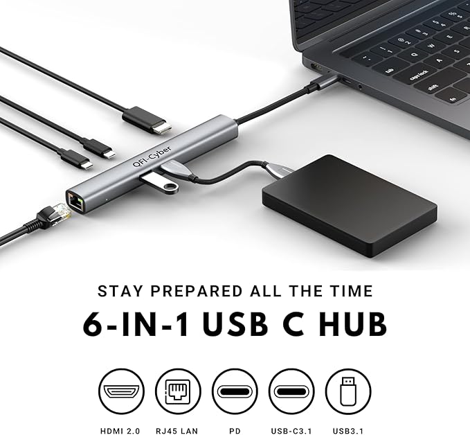 6-in-1 USB-C Hub Bundle with Portable USB-C to HDMI Adapter (4K)