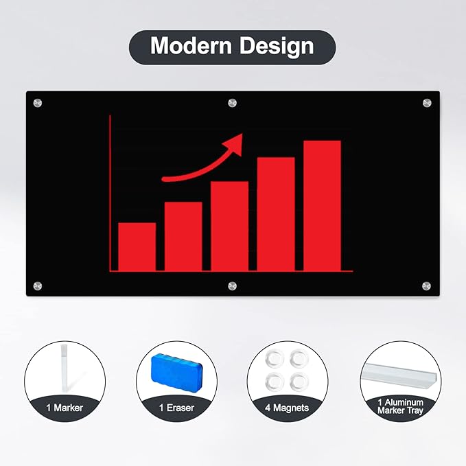 J&J worldwide Black Glass Whiteboard Magnetic Dry Erase Board 6' x 3', Large Frameless Glass White Board Wall Mounting for Office, Home, School, Includes Magnets, Marker Tray, Eraser