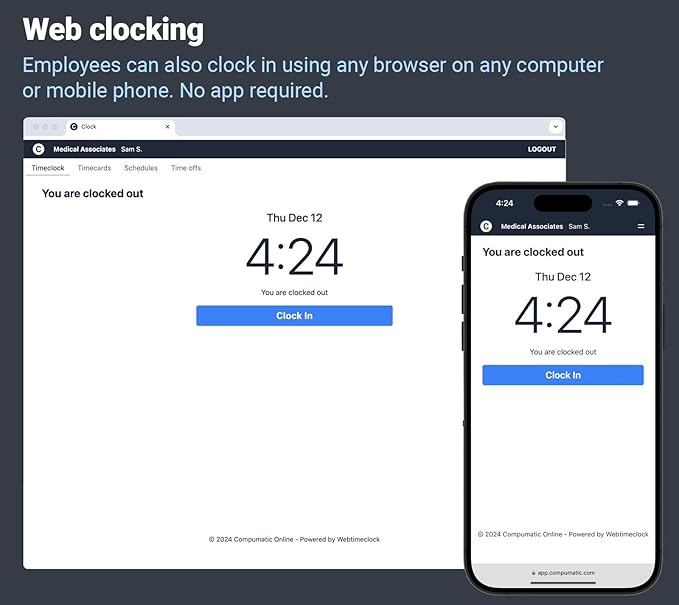 COMPUMATIC Biometric Fingerprint Time Clock with Online Cloud Hosted Software, Automatic Real-Time Punch Upload with WiFi or Wired Ethernet Connection