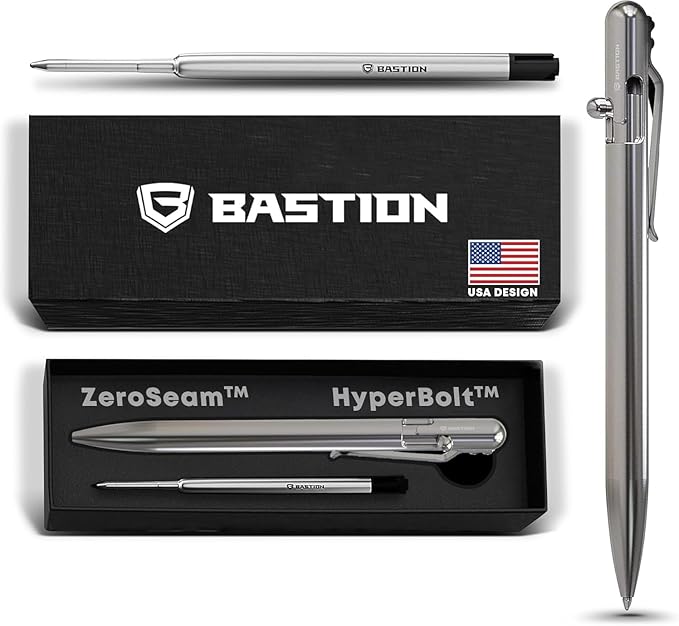 BASTION® Luxury Slim Bolt Action Pen, Durable EDC Pen with Fine Tip, Professional Ballpoint Pen for School and Work - Stainless