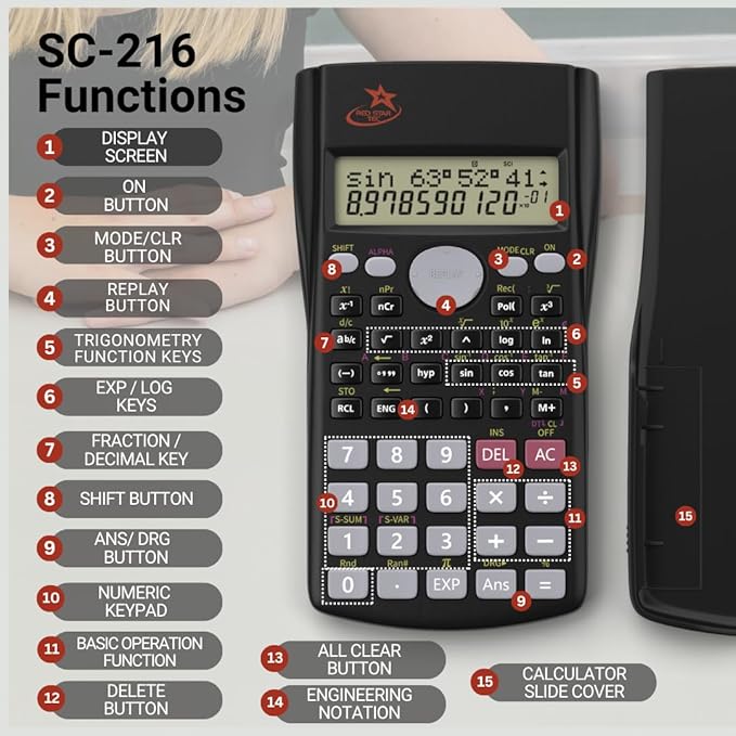 SC 216 Non Graphing Scientific Calculator for School by Red Star Tec (2 Pack Bundle)