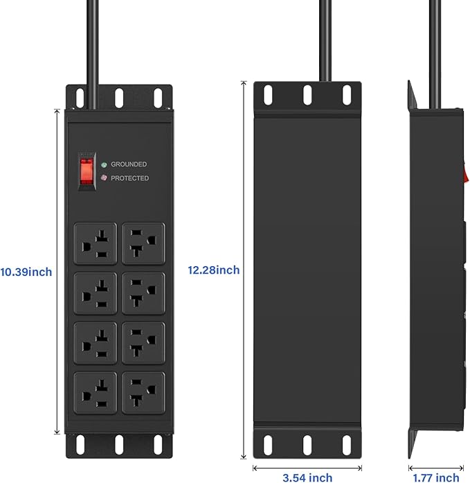 CCCEI Black Heavy Duty Power Strip Surge Protector 20 AMP, 8 Outlets 12 Gauge Industrial Shop Garage Metal Multiple Outlets, 12 FT Extension Cord 5-15P Adapter High Amp 6-20R T-Slot 20a for Appliance