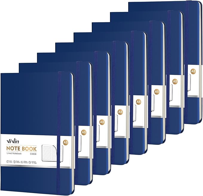 ViVin Lined Journal Notebooks for Work, 192 Pages, Medium 5.5 x 8.3 inch, College Ruled, A5 Hardcover Journaling Notebooks for Writing, 8 Pack Bulk