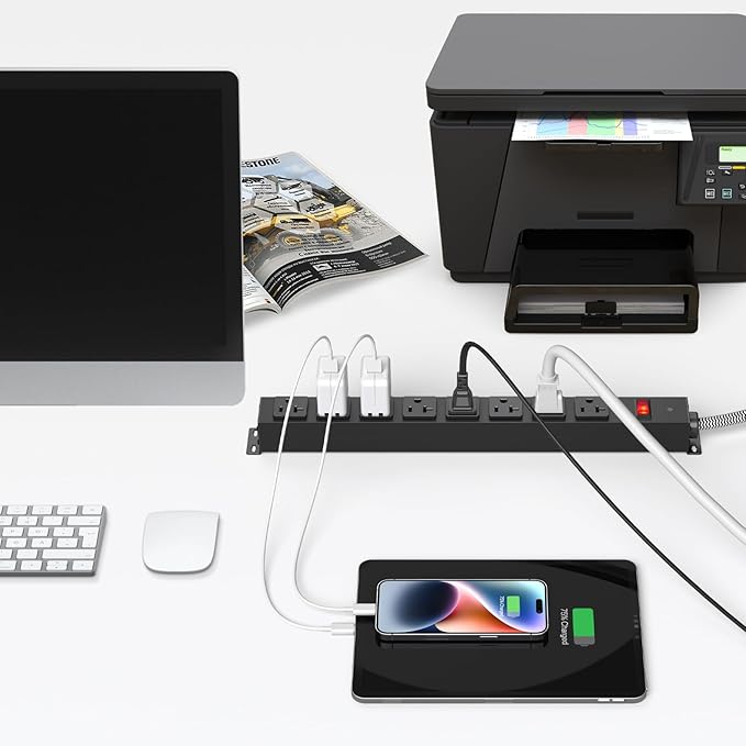 HEZI 20 Amp Power Strip Surge Protector 1200J, Metal 8 Outlets Heavy Duty 20amp, 15Ft 12 Gauge Extension Cord for Appliance Workbench Garage Industrial, Combine with T-Plug Adapter,5-20R T-Slot