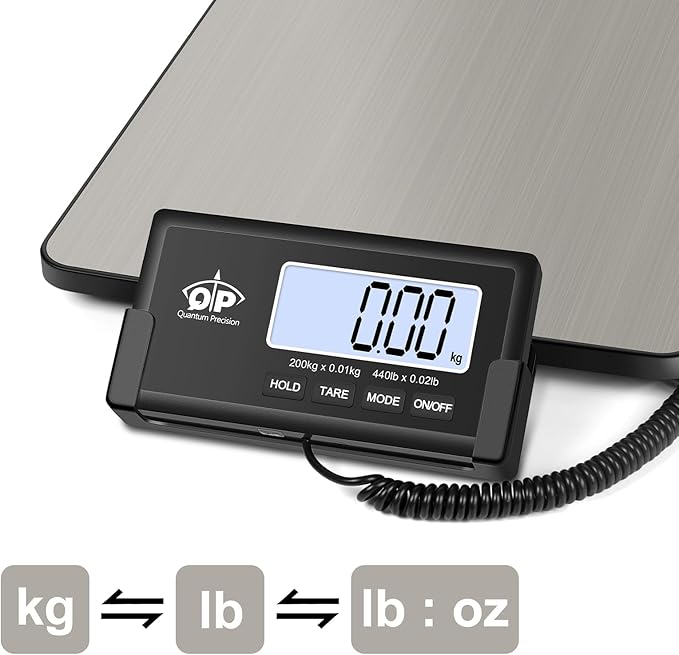 QP Shipping Scale, 440 lb/0.35 oz High Accuracy Digital Postal Scale, Postage Scale, Hold/Tare Function, Auto Off LCD Display, Lightweight Scale for Packages/Luggage/Pet, Battery & AC Adapter Included