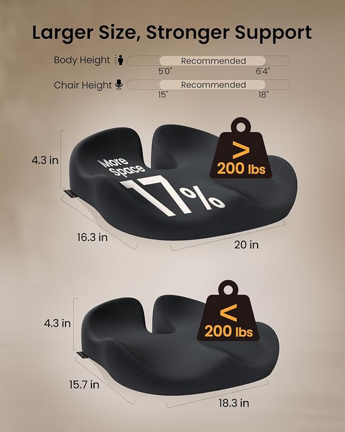 ProtoArc Extra Large Seat Cushions for Office Chairs, Ergonomic Memory Foam Seat Cushion for Home, Extra Cover, Car Seat Cushions for Driving, Pressure Relief Pad for Sciatica - Black