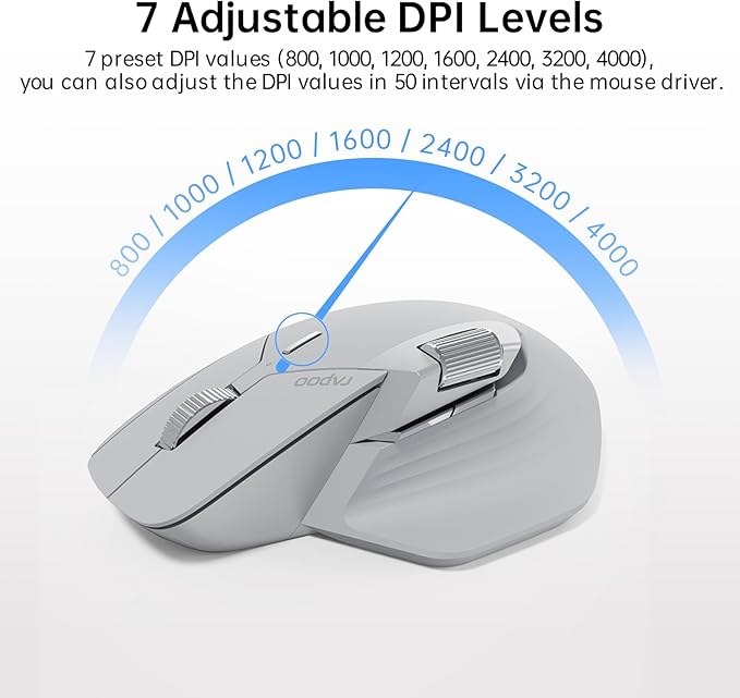 Rapoo MT760 Multi-Device Wireless Mouse, Bluetooth 5.0 and 2.4G Multi-Mode Connection, Up to 4 Devices, 11 Programmable Buttons, 4K DPI, 90 Days Battery Life, PC, Light Grey