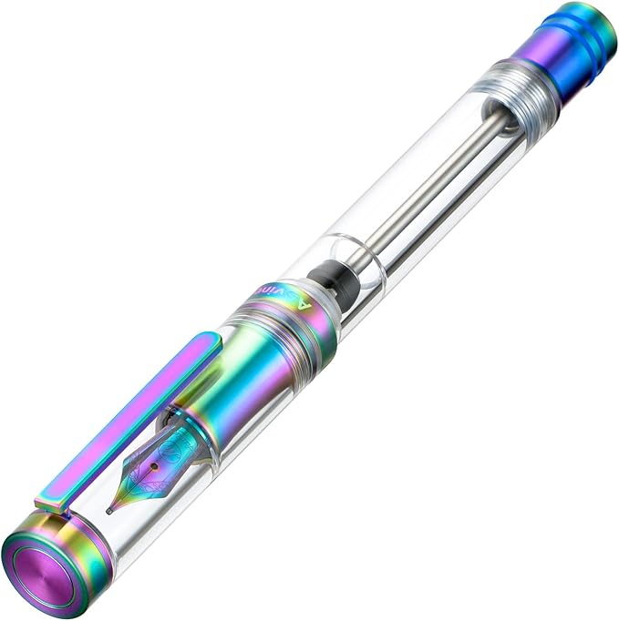 Asvine V200 Titanium Fountain Pen Vacuum Filling, Rainbow Iridium Fine Point Transparent Acrylic Smooth Writing Pen Case Set