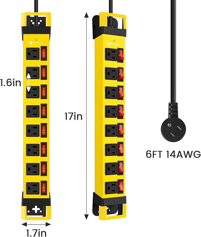 Heavy Duty Power Strip with Individual Switches,8 Outlets 14 Gauge Industrial Shop Garage Metal Multiple Outlets,1200J Surge Protector Mountable Power Strip,6FT Extension Cord Management(Yellow)