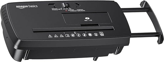 Amazon Basics 8-Sheet Strip Cut Paper, CD, and Credit Card Shredder with Auto-Off Compact, Portable Design, No Basket, Extendable Arm, Black