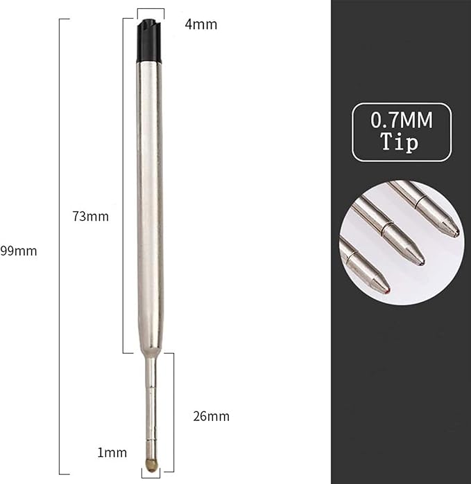 PapaBear Ballpen Medium Point Black Ink Refill Pack of 5-Replaceable Ballpoint Pen Refills 0.7 mm Tip - Metal Pen Refill (Black)