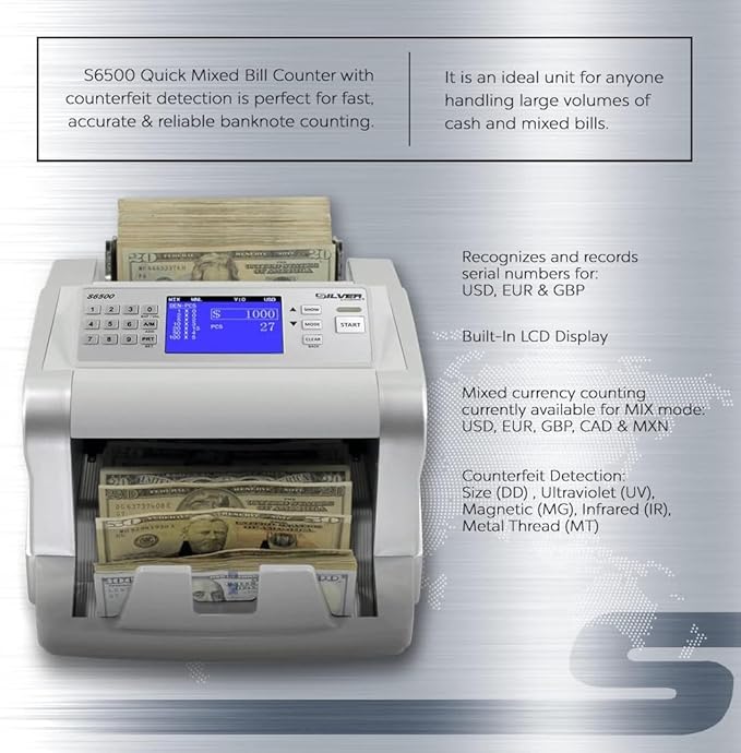 USD EUR CAD GBP MXN Money Counter Machine, Quick Mixed Denomination Bill Counter, Counterfeit Detection UV/MG/IR/DD/MT/DBL/HLF/CHN, with Printer Included, S6500
