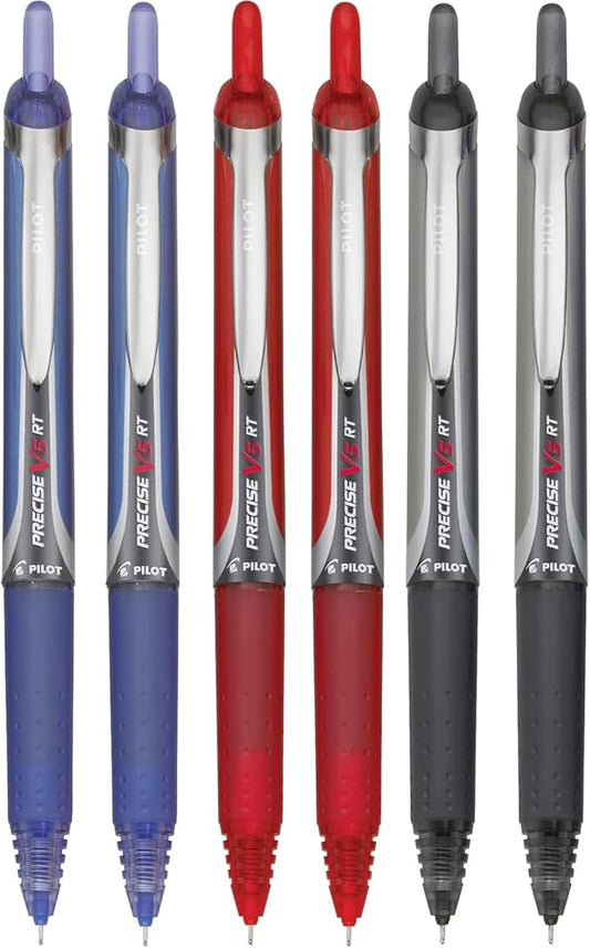 Precise V5 RT Retractable Rolling Ball Pens, Extra Fine Point (.5mm), Assorted Colors Black/Blue/Red Ink, 6-pk; Premium Comfort Grip, Bundle with Plastic Reusable Pouch