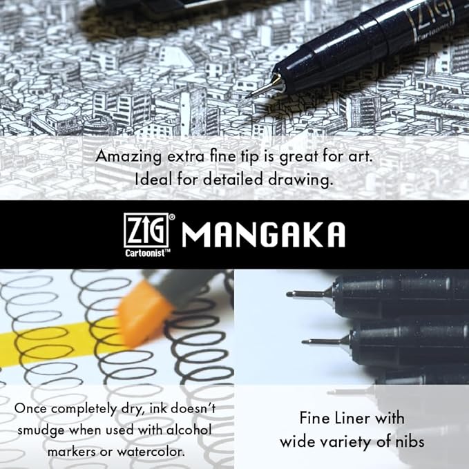 Kuretake Zig illustration watercolor Set, 3 Gansai Tambi, Fineliner and Waterbrush pen, for Inktober, Manga, Drawing, Calligraphy, Professional, Artist, Made in Japan (IKTB-25/7V)