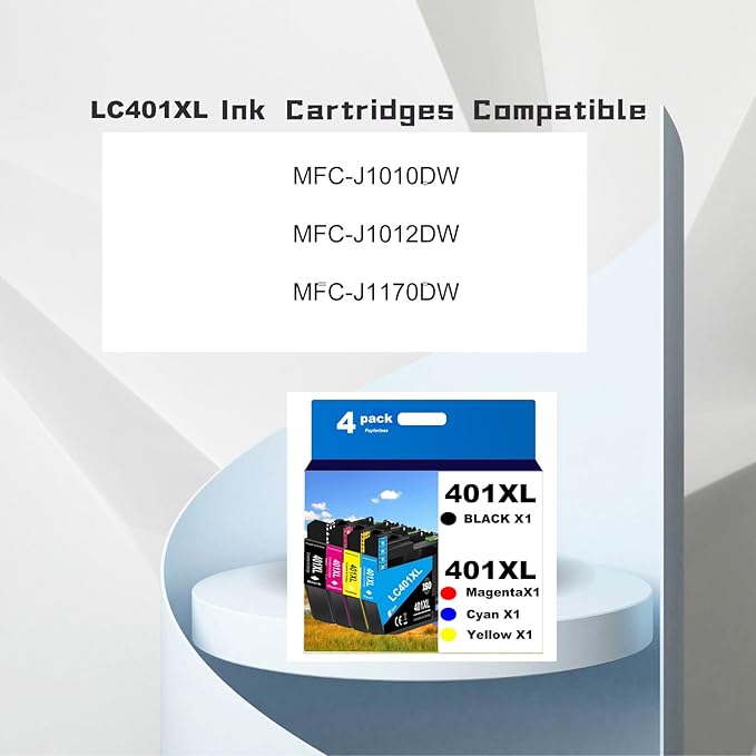 PayForLess LC401XL Ink Cartridges for Brother Printer Compatible for LC401 401 XL MFC-J1010DW MFC-J1012DW MFC-J1170DW Printer 4 Pack (1 Black, 1 Cyan, 1 Magenta, 1 Yellow) Not Original Ink Cartridge