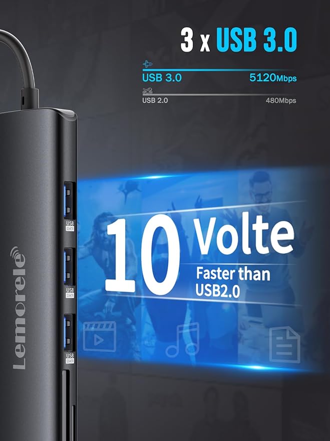 Lemorele USB C Hub 8-in-1 Adapter, USB-C Hub with 4K HDMI Output, 100W Power Delivery, USB 3.0 5Gbps Port, SD/TF Card Reader Adpater, Compatible for MacBook Pro, XPS, Chromebook and More（Black）