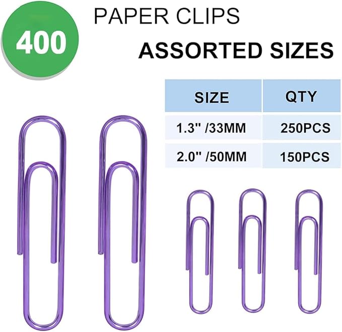 Vinaco Purple Paper Clips, 400PCS Medium & Jumbo (1.3 & 2 inch) Durable, Rustproof Coated Paper Clips for Office & School Document Organizing