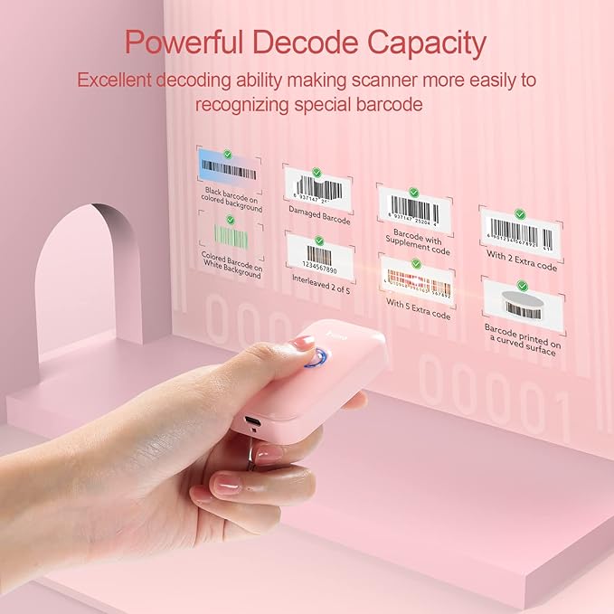 Eyoyo Mini 1D Bluetooth Barcode Scanner, 3-in-1 Bluetooth & USB Wired & 2.4G Wireless Barcode Reader Portable Bar Code Scanning Work with Windows, Android, iOS, Tablets or Computers(Pink)